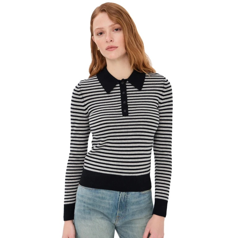 Nili Lotan Prescott Cashmere Stripe Polo Dark Navy/Grey Stripe XL