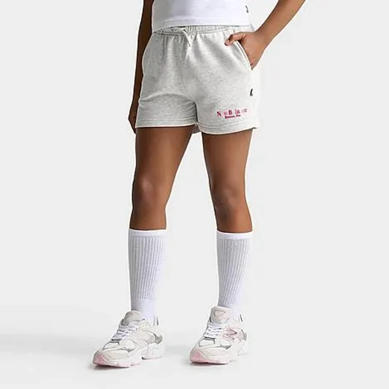 New Balance Girls' Big Kids Tricolor Fleece Shorts in Ash Heather Size: Small