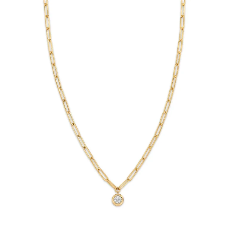 Diamond Bezel Solitaire Paperclip Link Pendant Necklace in 14K Yellow Gold, 0.7 tcw