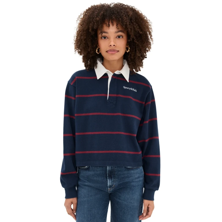 Sporty & Rich Serif Logo Rugby Polo Dark Navy/White/Merlot S