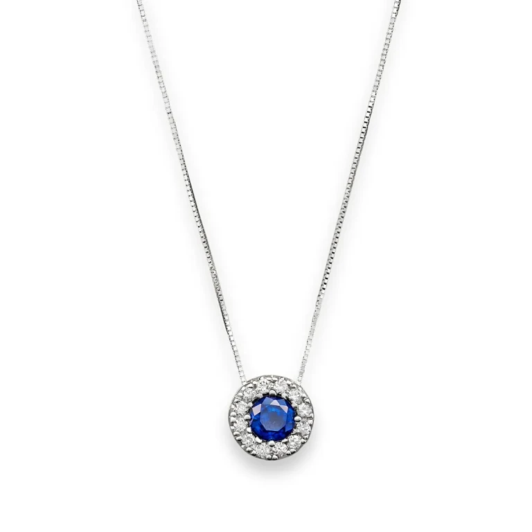Blue Sapphire and Diamond Halo Pendant Necklace in 14K White Gold, 18