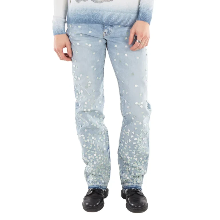 Amiri Mens Blue Floral Appliqued Straight Jeans
