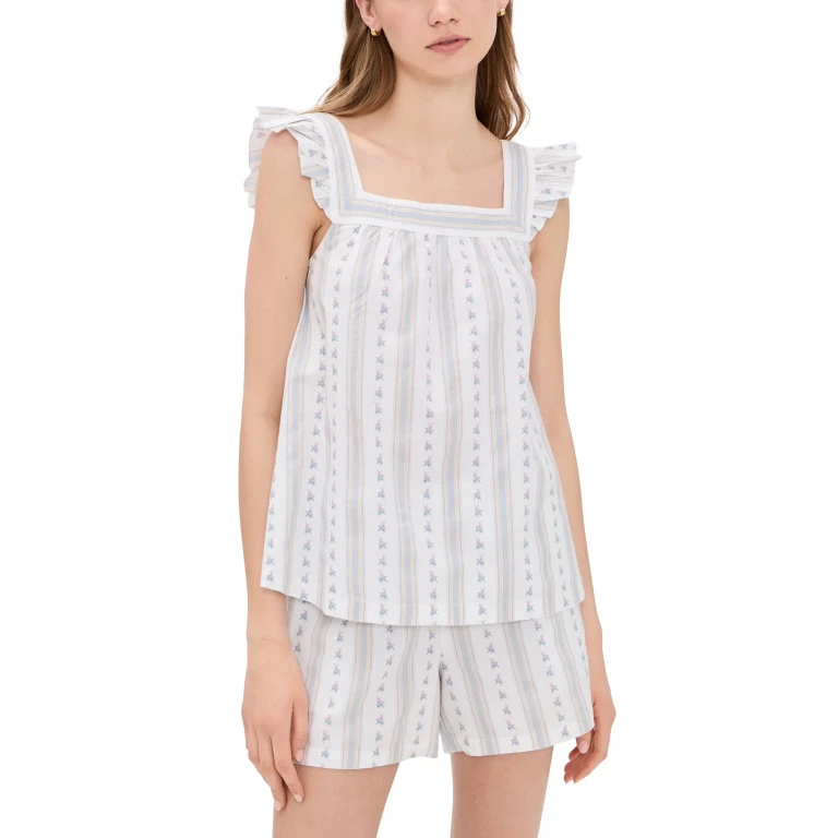 Petite Plume Woven Twill Clara Shorts Set in Cottage Stripe White L