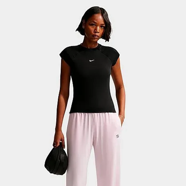 Nike Women's Sportswear Chill Knit Tight Short-Sleeve Ribbed Top in Black/Sail Size: XS