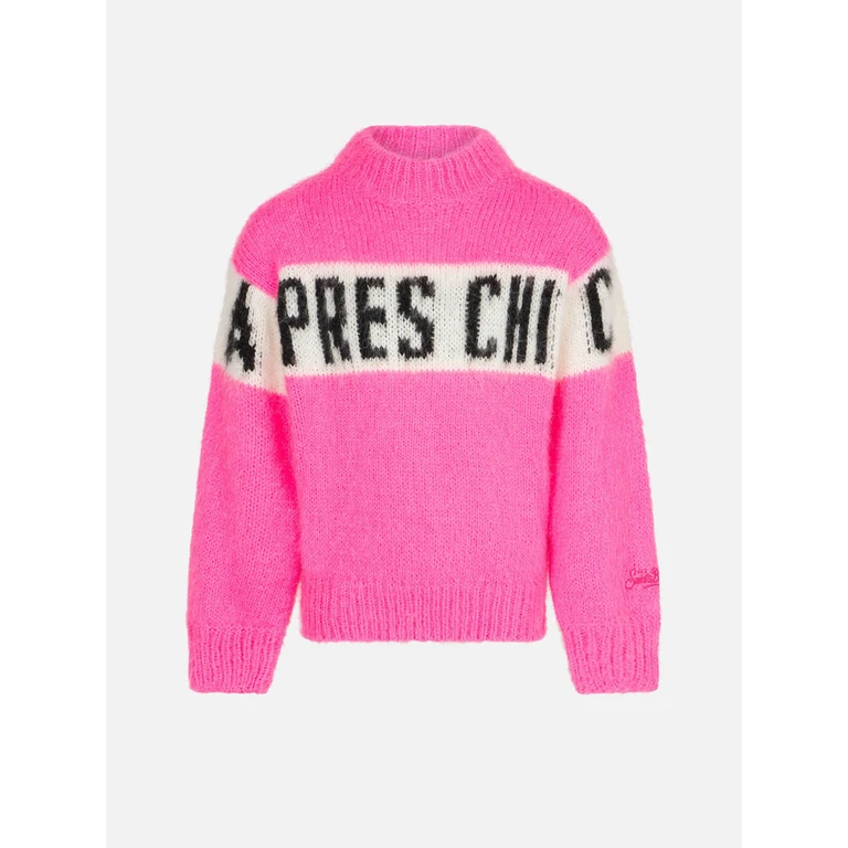 Mc2 Saint Barth Girl Brushed Crewneck Sweater With Apres Chic Lettering Pink