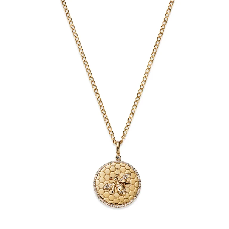 Diamond Bumble Bee Disc Pendant Necklace in 14K Yellow Gold, 0.25 tcw