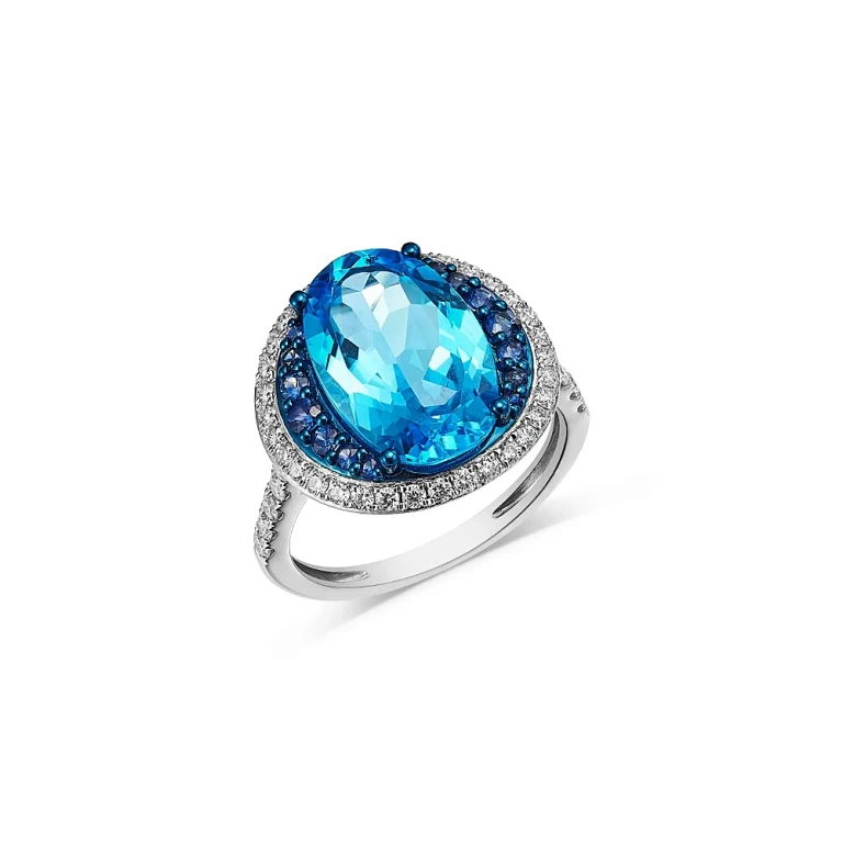 Fine Collection Swiss Blue Topaz, Blue Sapphire & Diamond Halo Ring in 14K White Gold