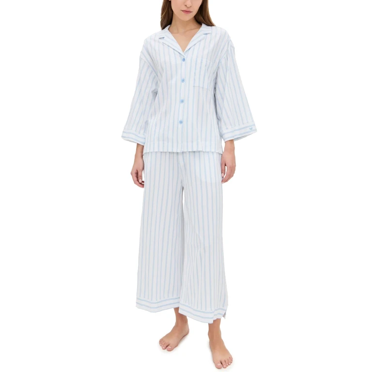 Petite Plume Luxe Pima Stripe Wide Leg Pajama Set Periwinkle Stripe M