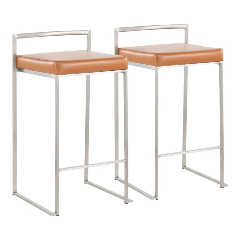 Fuji Low Back Stainless & Camel Faux Leather Counter Stools, Set of 2