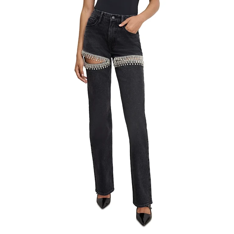 Good American Good Icon High Rise Straight Rhinestone Cutout Jeans in K376
