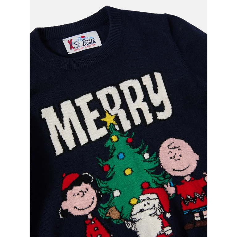 Mc2 Saint Barth Crewneck Douglas Cashmere Blend With Peanuts Jacquard Special Edition Blue