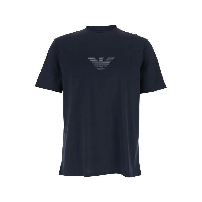 Emporio Armani Crew Neck T-shirt With Logo Embroidery On The Front In Blue Cotton For Men