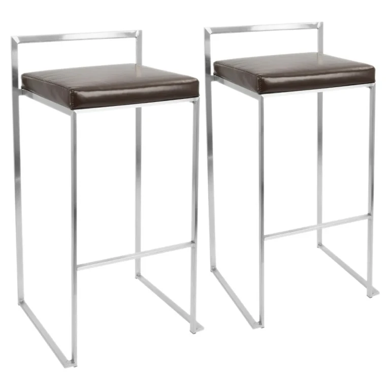 Fuji Low Back Stainless & Brown Faux Leather Barstools, Set of 2