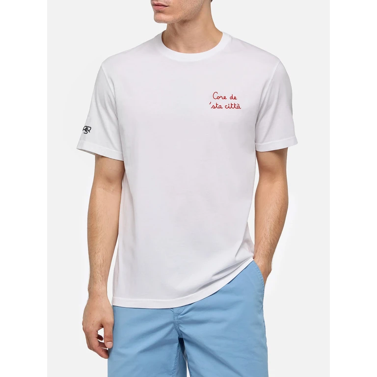 Mc2 Saint Barth Classic Fit Cotton Jersey T-Shirt Portofino With Core De Sta Città Embroidery As Roma Special Edition White - Men