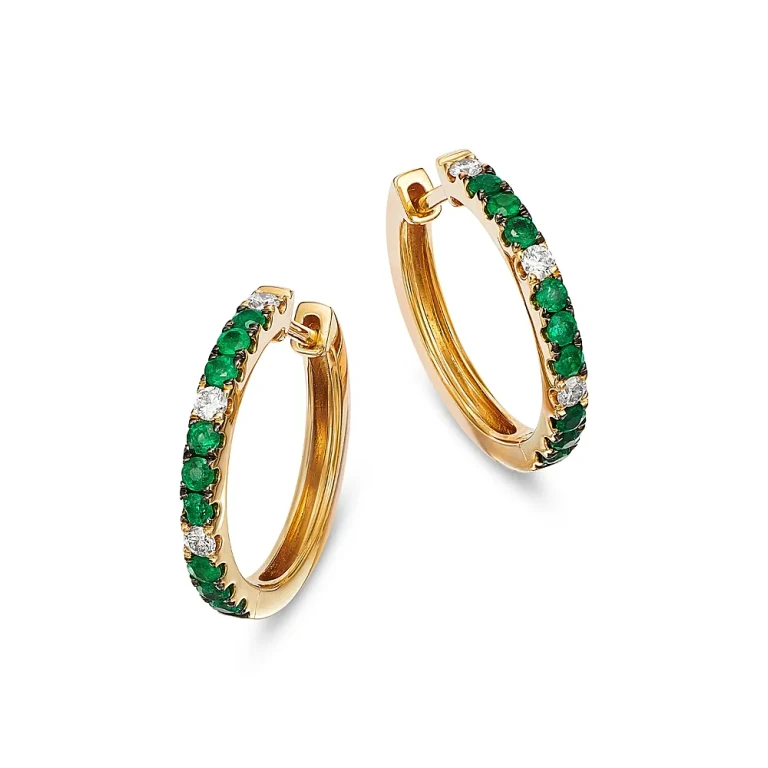 Emerald & Diamond Hoop Earrings in 14K Yellow Gold
