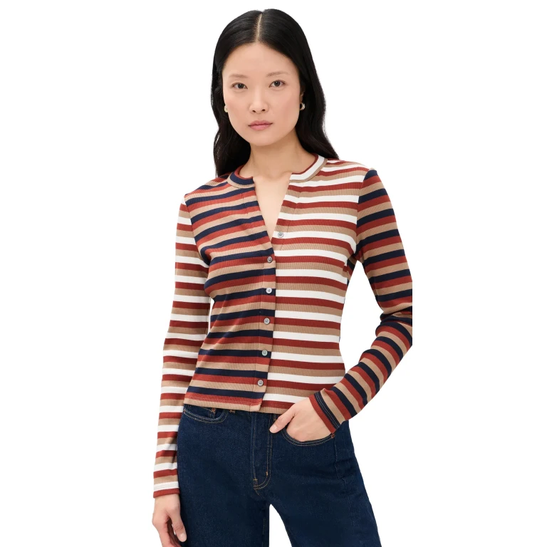 Veronica Beard Jean Long Sleeve Dilia Top Malt/Navy/Red Oak XS