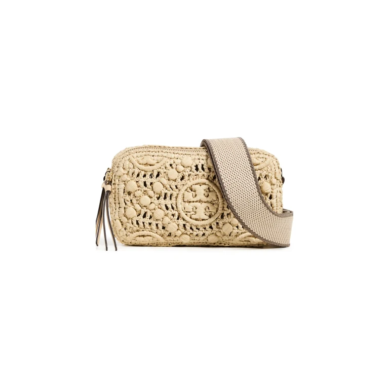 Bolso bandolera mini Tory Burch Miller T Monogram de rafia natural