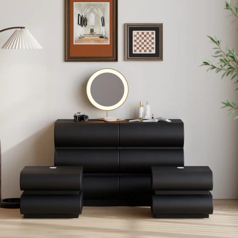 Bedroom Dresser & Nightstands Set Leather White 6-Drawer Dresser Chest & 2 White Leather Smart Nightstands