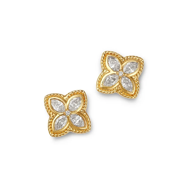 Diamond Marquis & Round Clover Stud Earrings in 14K Yellow Gold, 0.5 tcw