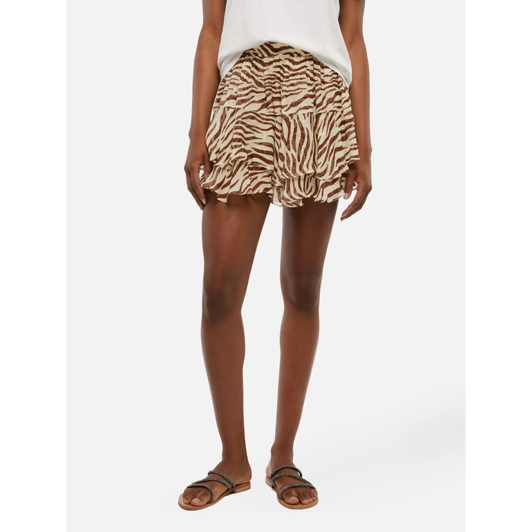 Mc2 Saint Barth Eivissa Ruffled Mini Skirt Lurex Silk Voile With Animalier Print White - Women