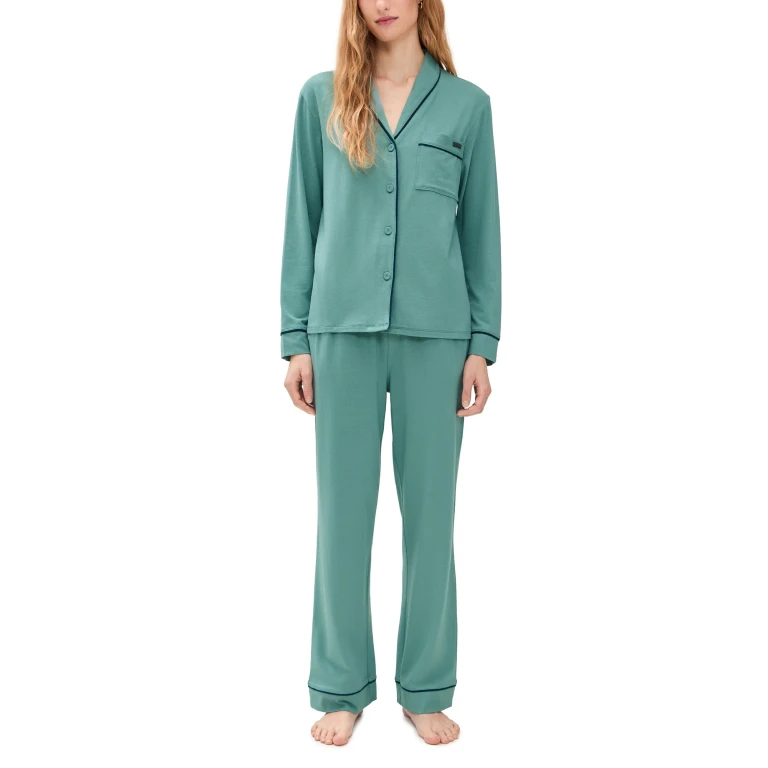 Lunya Slumberknit Shawl Collar Button Down Pants Set Musing Moss/Nocturnal Slate XL