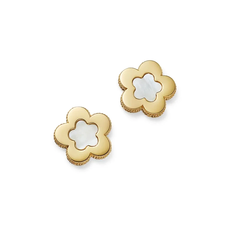 Mother of Pearl Flower Stud Earrings in 14K Yellow Gold
