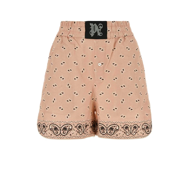 Palm Angels Printed Linen Blend Shorts Pinkblack Exterior: Cotton - Women