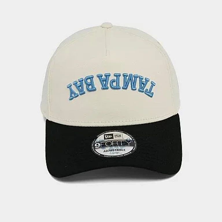 New Era Women's Tampa Bay Rays MLB Upside Down Wordmark 9FORTY A-Frame Snapback Hat in Chrome/Black/Light Blue