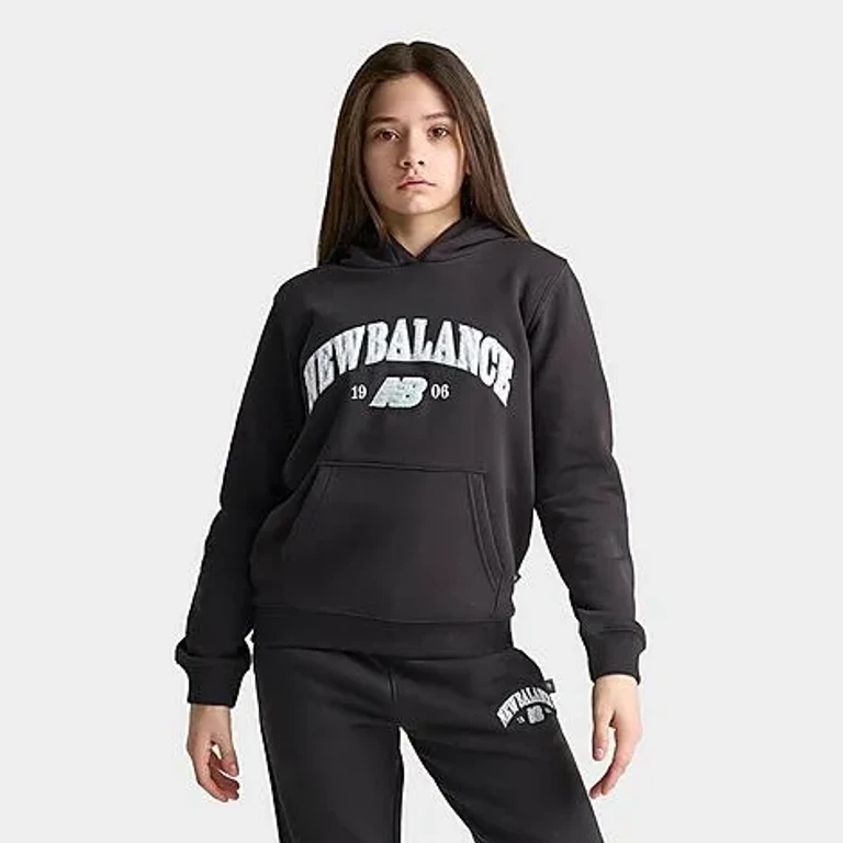 New Balance Girls' Big Kids Chenille Arch Pullover Hoodie in Caviar Size: Small