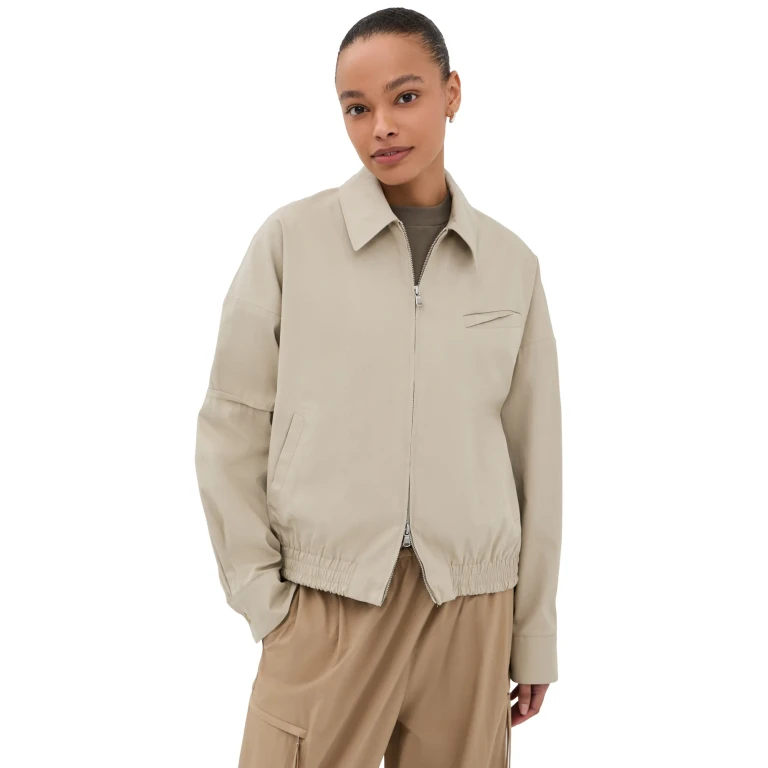 Tibi Luxe Spring Twill Bomber Jacket Taupe M
