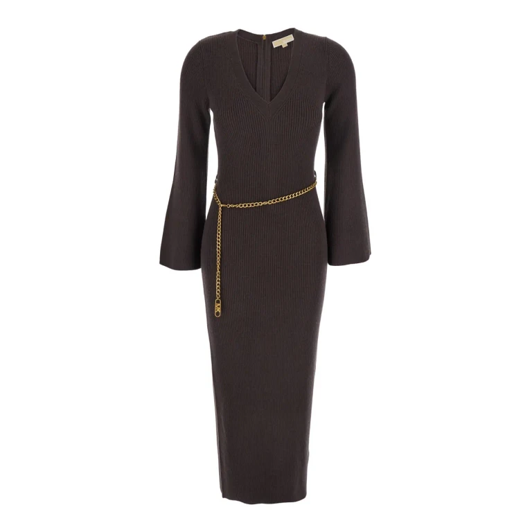 MICHAEL Michael Kors Brown Dress With Chain Belt And Logo Plaque On The Rear In Wool Blend Stretch Woman