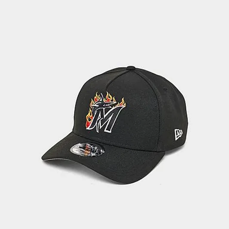 New Era Miami Marlins MLB 9FORTY Flames A-Frame Adjustable Snapback Hat in Black/White