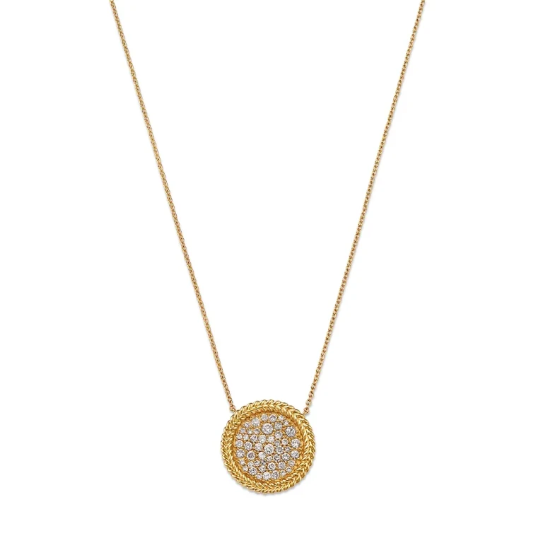 Diamond Pave Disc Pendant Necklace with 14K Yellow Gold Bead Setting, 0.50 tcw