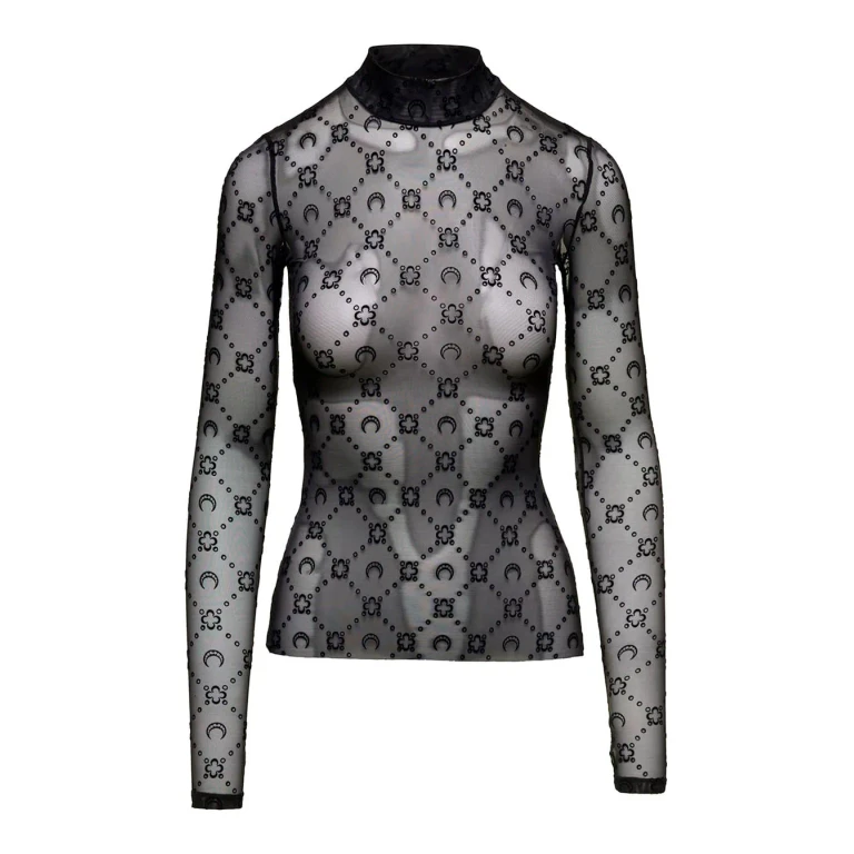 Marine Serre Black semi-transparent Sweater With Flocked Monogram In Elastic Polyamide For Women