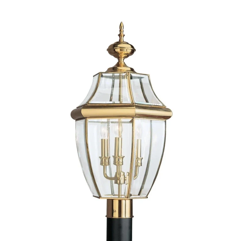 Polished Brass Three Light Outdoor Post Lantern from the Lancaster Collection