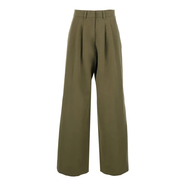 PT Torino Green Wide-leg Pants With Front Pleats In Cotton And Linen Blend For Women
