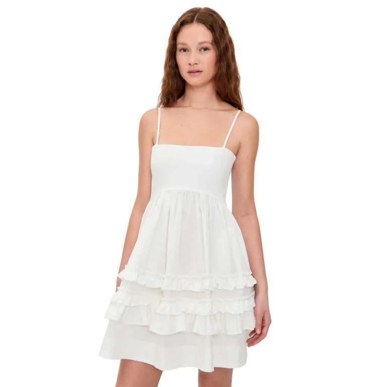 가니(GANNI) 스트레치 코튼 미니 스트랩 프릴 원피스 브라이트 화이트 42