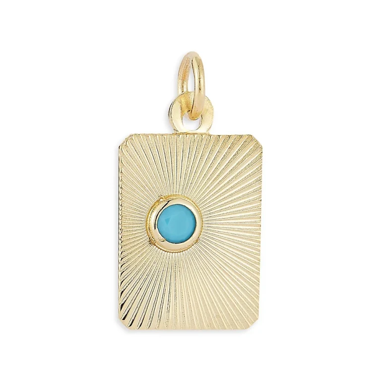 14K Yellow Gold Turquoise Sunray Dog Tag Pendant