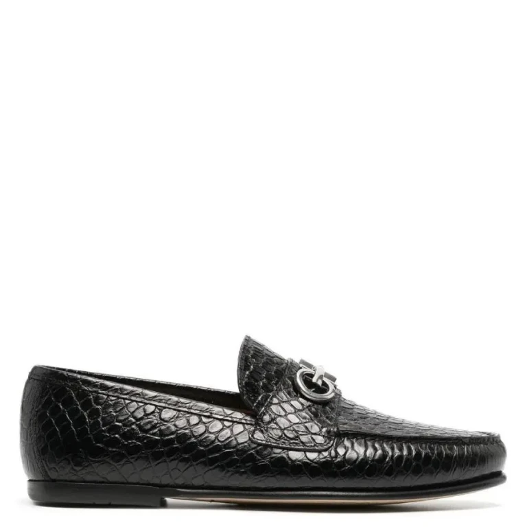Ferragamo Crocodile-Effect Gancini Ornament Loafers