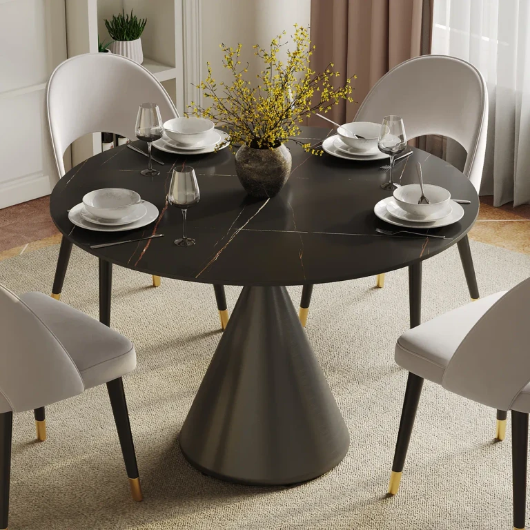 39" Pandora Faux Marble Round Dining Table with Glossy Gold Base for 4 People
