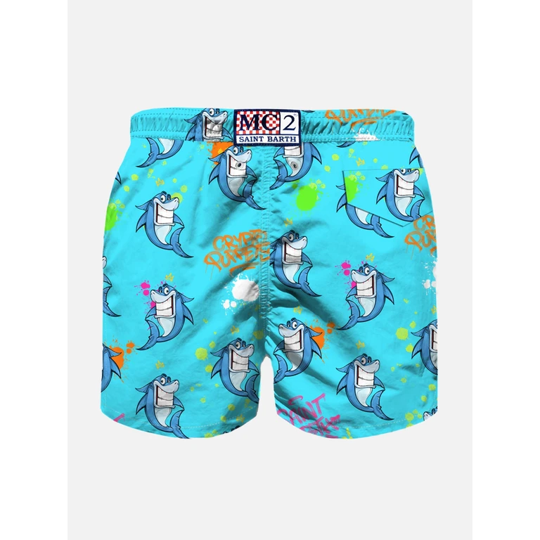Mc2 Saint Barth Boy Light Fabric Swim Shorts With Crypto Shark Print Puppets Special Edition Green Swimshort