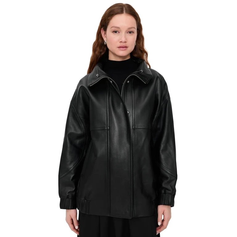 Theory High Neck Cinch Leather Jacket Black P