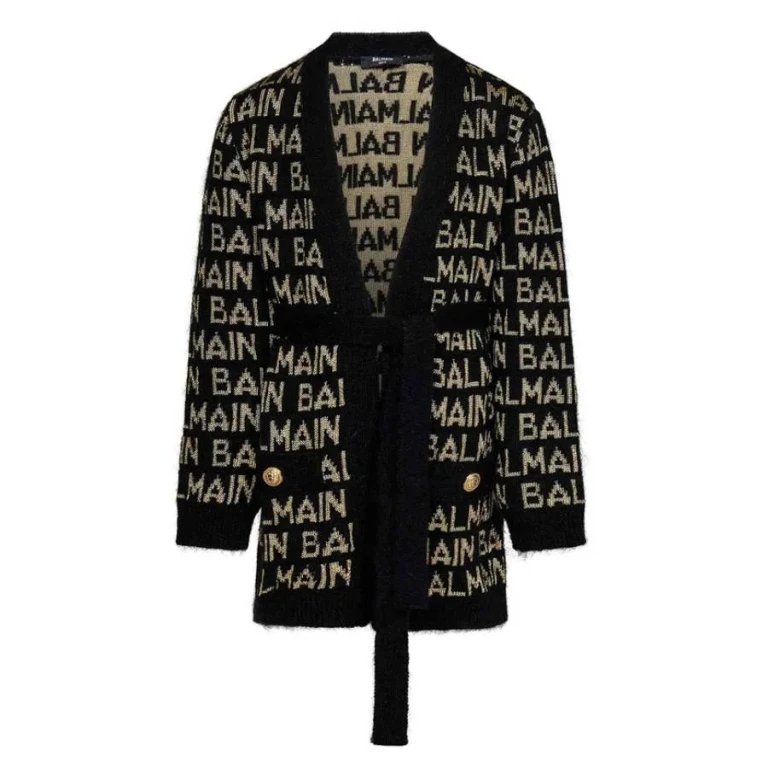 Balmain Kids Logo-Intarsia Belted Cardigan