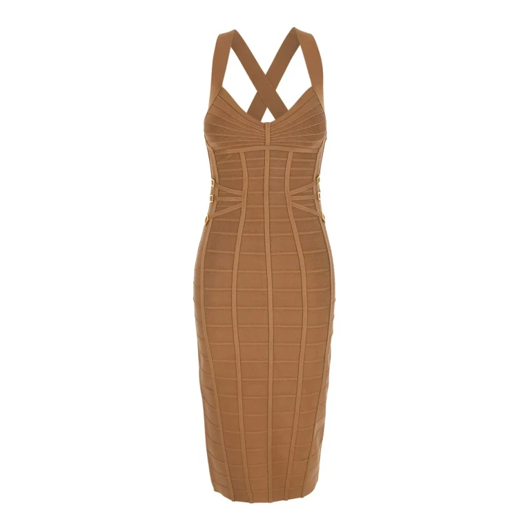 Elisabetta Franchi Beige Sleeveless Sheath Dress With Zip Closure On The Back And 3d Effect In Viscose Blend For Women