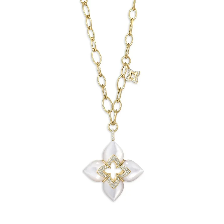 Roberto Coin 18K Yellow Gold Venetian Princess Cabochon Mother of Pearl & Diamond Flower Pendant Necklace, 17