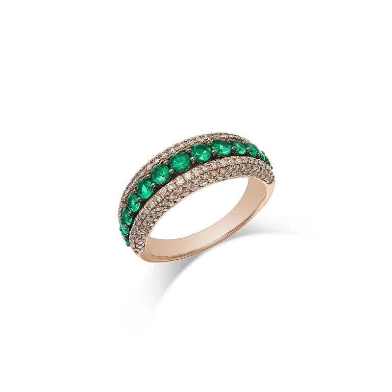 Emerald & Champagne Diamond Multi-Row Ring in 14K Rose Gold