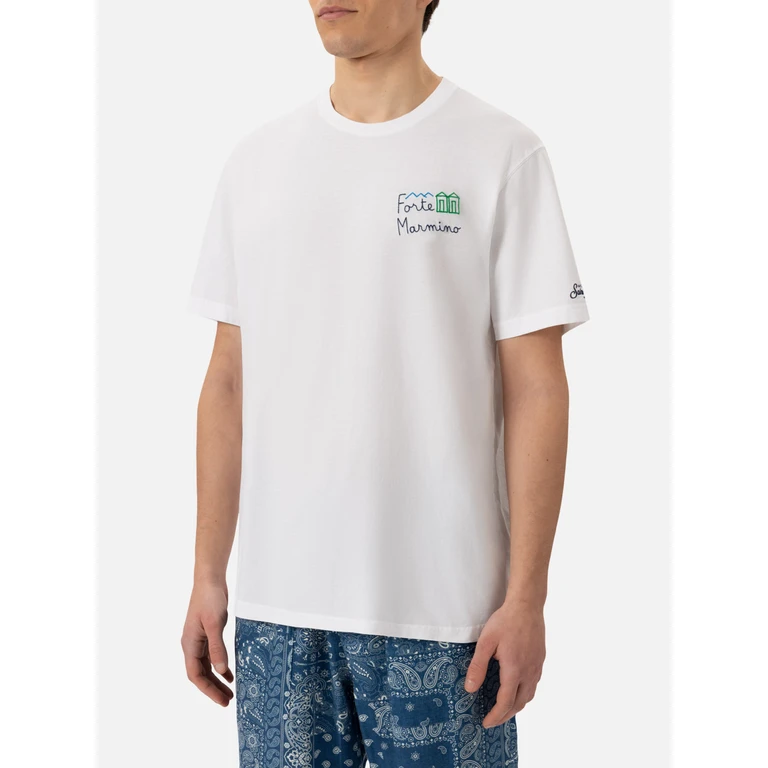 Mc2 Saint Barth Classic Fit Cotton Jersey T-Shirt Portofino With Forte Marmino Embroidery White - Men