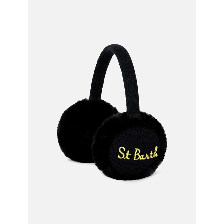 Mc2 Saint Barth Black Tricot Earmuffs With Faux Fur Details - Unisex