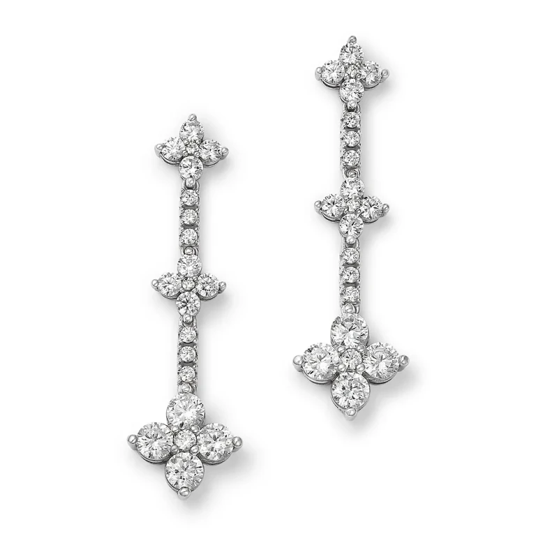 Diamond Clover Triple Drop Earrings in 14K White Gold, 2.0 tcw