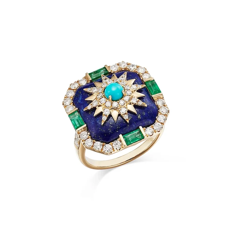 Turquoise, Lapis, Emerald, and Diamond Star Statement Ring in 14K Yellow Gold